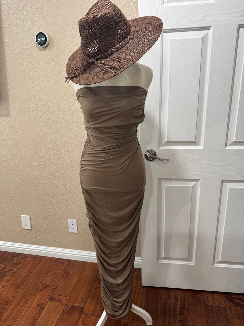 Strapless Ruched Maxi Dress in Brown